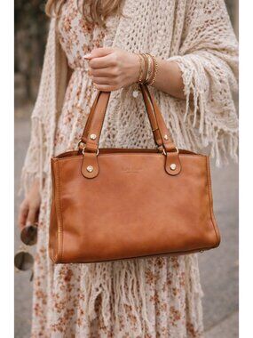 Kate Spade New York Leather Tote Bag Tan Brown Shoulder Handbag Large Classic